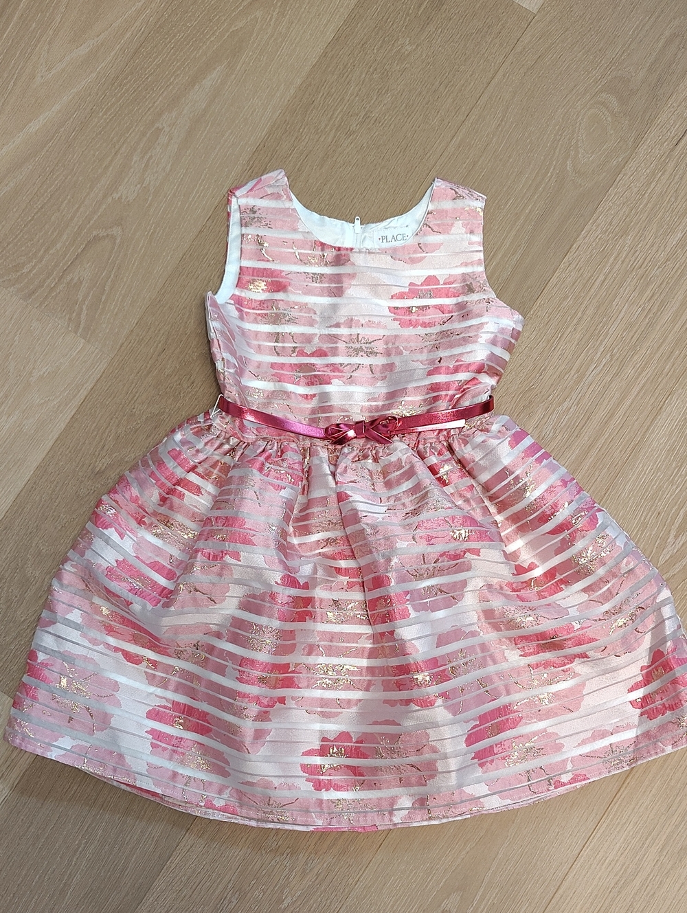 Place Girls Pink and White Floral Stripe Party Dress with Satin Bow